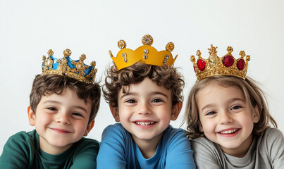 Three children dressed as the Three Wise Men, happy and smiling, looking at the camera on a white background. Copy space. Banner.