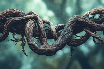 A close-up shot of a gnarled and twisted tree branch