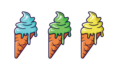 Melting ice cream with waffle cone isolated. Blue, green, yellow ice cream cartoon vector illustration.