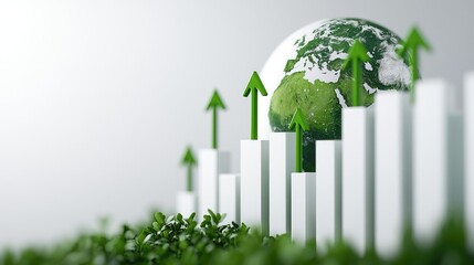 Green earth with growth graph and arrows, symbolizing sustainable progress.