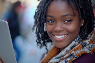 Poster - a smiling woman holding a tablet computer with a calm and focused expression, suitable for digital w