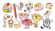 © setory - Groovy quiz cartoon characters and stickers set. Funny retro speech bubbles with Quiz time and What text, stopwatch, light bulb. Exam, game cartoon mascots of 70s 80s style vector illustration