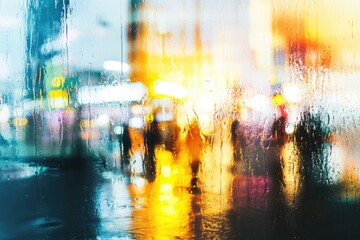 A blurred image of people walking on a rainy day