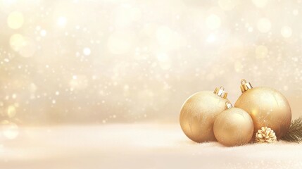 Wall Mural - Golden Christmas tree balls on light beige background with bokeh. Christmas card or banner