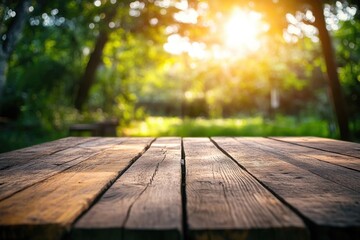 Poster - A wooden table surrounded by lush greenery, lit up by warm sunlight