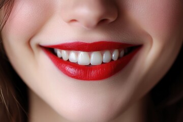 Close-up shot of a woman's mouth with bright red lipstick, ideal for beauty or makeup-related uses