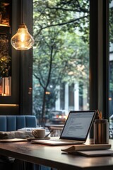 Poster - A laptop computer sitting on a wooden table, ideal for office or home use