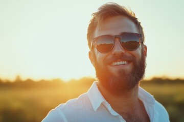 Aufkleber - A man with a beard is photographed wearing sunglasses and a white shirt