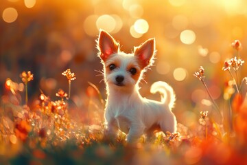 A small white dog stands alone in a colorful field of flowers