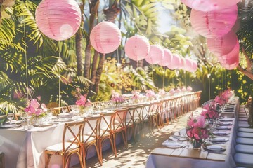 Poster - A long table decorated with pink paper lanterns, perfect for parties and celebrations