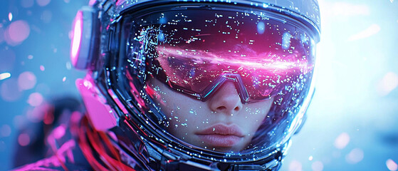 Poster - futuristic astronaut with vibrant helmet reflecting cosmic elements