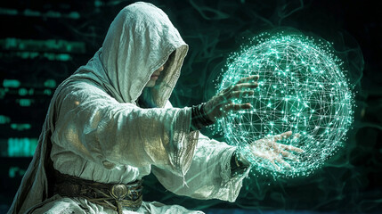 Poster - mystical figure in hooded robe conjures glowing, interconnected sphere, evoking sense of wonder and
