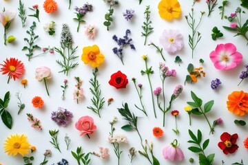 Poster - A variety of colorful flowers arranged on a clean white surface