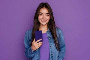 Aufkleber - A young woman holds a purple cell phone, possibly in a moment of contemplation or distraction