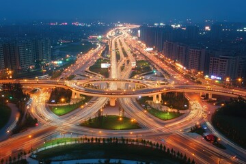 Poster - Aerial view of a city's skyline at night with lit buildings and streets