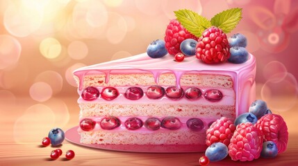 Poster - A colorful fruit plate with a slice of cake, raspberries, and blueberries