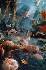 Poster - A serene scene of aquatic life with various flowers and plants thriving in a peaceful pond