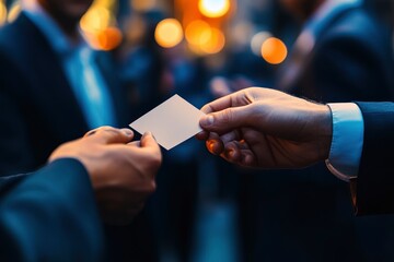 Close-up of two hands exchanging a blank business card.