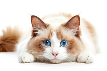 Aufkleber - A domestic cat with bright blue eyes resting on a clean white surface
