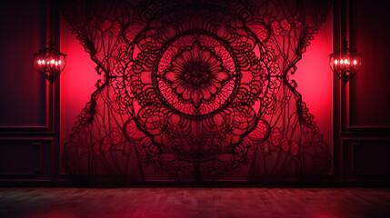 Ornate black lace wall art with dramatic red lighting and vintage lanterns