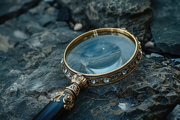 Poster - A detailed view of a magnifying glass sitting on a rocky surface, perfect for illustrating scientific or detective themes