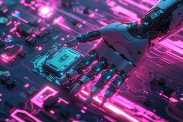 Poster - A robotic hand placed on top of a computer motherboard, suitable for tech-related projects and illustrations