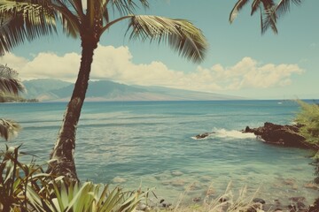 Poster - A scenic view of a calm body of water surrounded by palm trees, perfect for use as a background or to add a touch of tropical flair