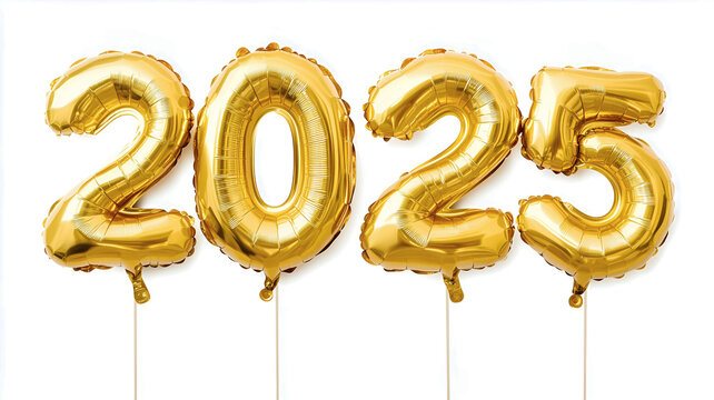 Happy New 2025 Year., Golden Foil Balloons 2025 on white background