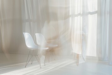 Poster - A pair of white chairs placed in front of a window, ready for use