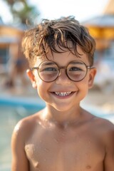 A young boy wearing glasses stands in front of a swimming pool, perfect for summer vacation or pool party themes