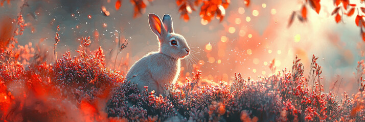 Wall Mural - wild hare sits peacefully among blooming heather, surrounded by vibrant flowers and soft, warm light. serene atmosphere evokes sense of tranquility and beauty in nature