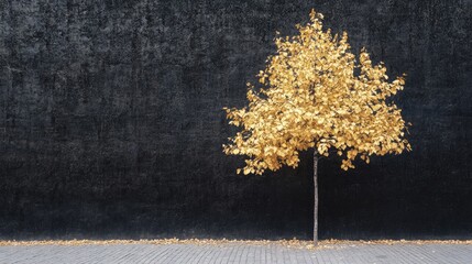 Poster - A single yellow tree stands out against a dark and mysterious black wall