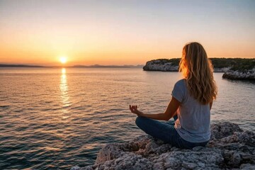 Poster - A person sits on a rocky outcropping, looking out at the ocean, with a peaceful and contemplative expression