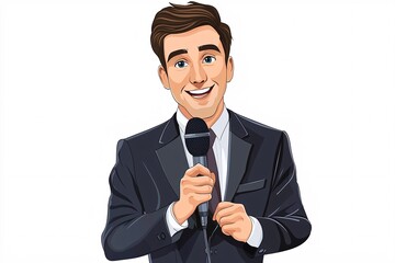 Front view vector illustration of a professional spokesman in a suit holding a microphone, isolated on a white background for media applications.