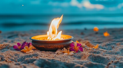 Wall Mural - Burning Candle on Sandy Beach with Flowers at Sunset