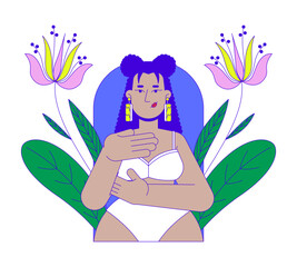 Poster - Breast cancer self examination 2D illustration concept. Early detection. Latin american woman in bra examining herself cartoon character isolated on white. Metaphor abstract flat vector graphic