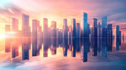 Poster - A city skyline reflected in calm water
