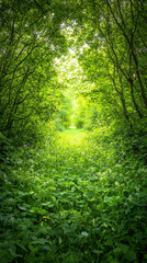 Wall Mural - Lush green pathway through vibrant hedgerow, surrounded by dense foliage and wildflowers, inviting exploration and tranquility in nature