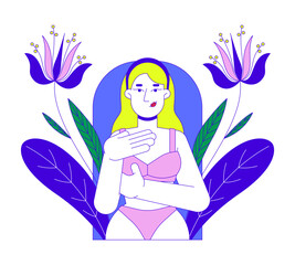 Poster - Breast cancer self check 2D illustration concept. Early detection mastopathy. Caucasian white woman in bra examining herself cartoon character isolated on white. Metaphor abstract flat vector graphic