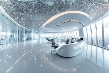 Poster - A modern office space with a curved reception desk, perfect for corporate use or marketing materials