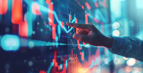 Businessman touching growth graph arrow going up with hologram icon rising and growing line chart on virtual screen