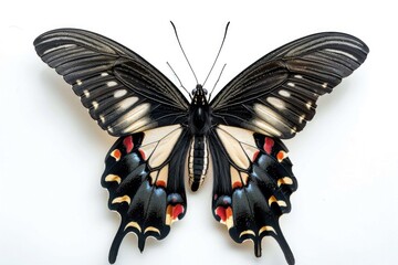 Poster - A close-up image of a black and white butterfly perched on a white surface