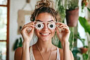 Poster - A woman holds up a pair of reading glasses, focusing on something in the background