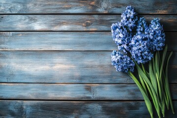Aufkleber - A bouquet of blue flowers placed on a wooden table, perfect for decoration or as a prop
