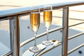 Aufkleber - Two champagne glasses on a railing, perfect for a romantic dinner or celebration