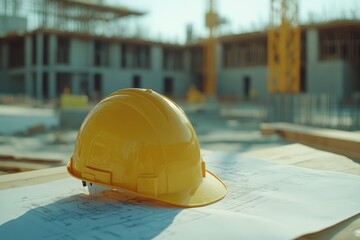 Aufkleber - A hard hat sitting on top of a piece of paper, suitable for use in construction or office settings