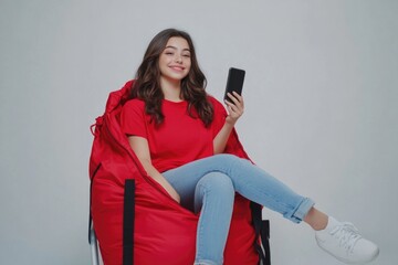 Poster - A woman is sitting on a red bean bag, holding a cell phone and possibly texting or browsing