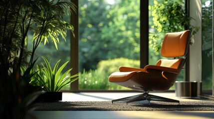 Poster - A single chair placed near a window with a small potted plant, great for minimalist interior or office setting