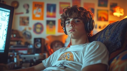 Teen boy relaxing in cluttered room.