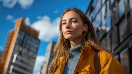 Aufkleber - A person standing outside a tall building, suitable for urban or cityscape scenes